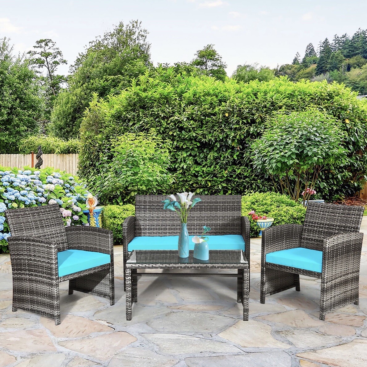 Patio Furniture• Transform Your Patio with 4 Pcs Turquoise Rattan Furniture Set