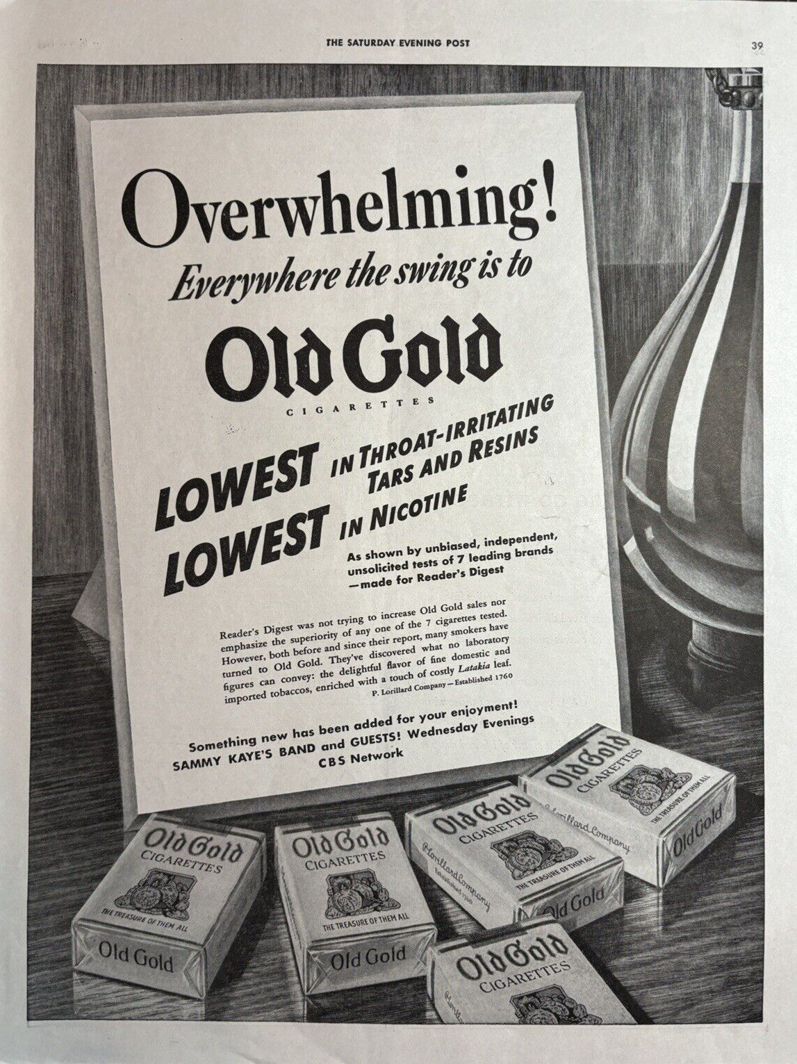 1943 Old Gold cigarettes Lowest Tars Resins Nicotine Sammy Kaye VTG Print Ad