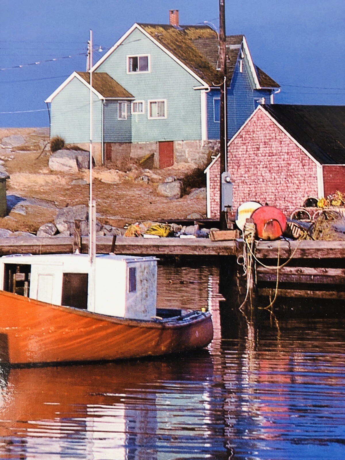 Vintage NOVA SCOTIA Photo Poster Houses Harbor Boats LAMINATED 1980’s