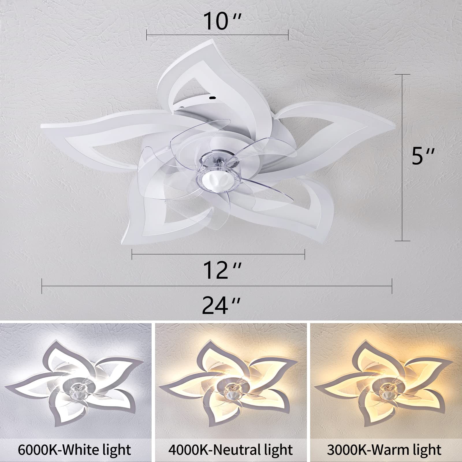 Flush Mount Ceiling Fan with Lights, 24" White ,Remote Control, 6 Speeds 3 Li...