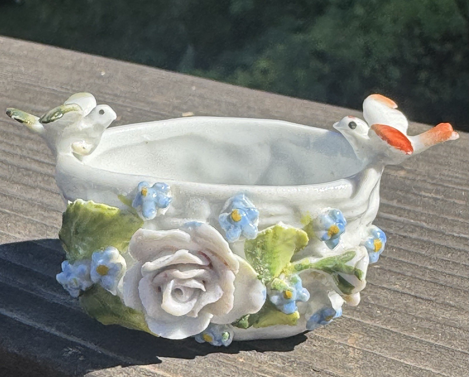 Vintage German Elfinware? Trinket Basket W/ Birds & Flowers