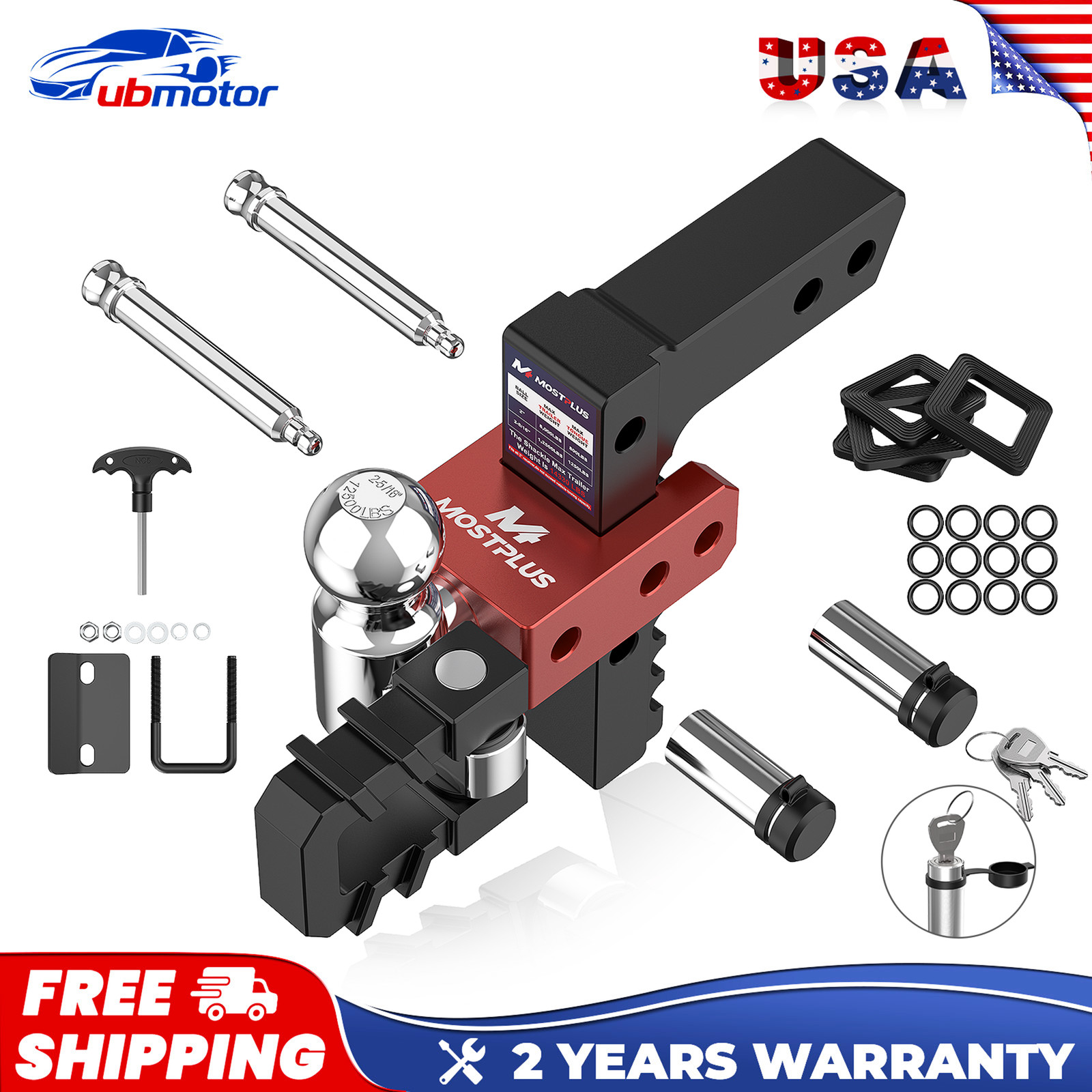 2'' receiver 8'' Drop/Rise Adjustable Heavy Duty Trailer Hitch Dual Ball w/ Hook