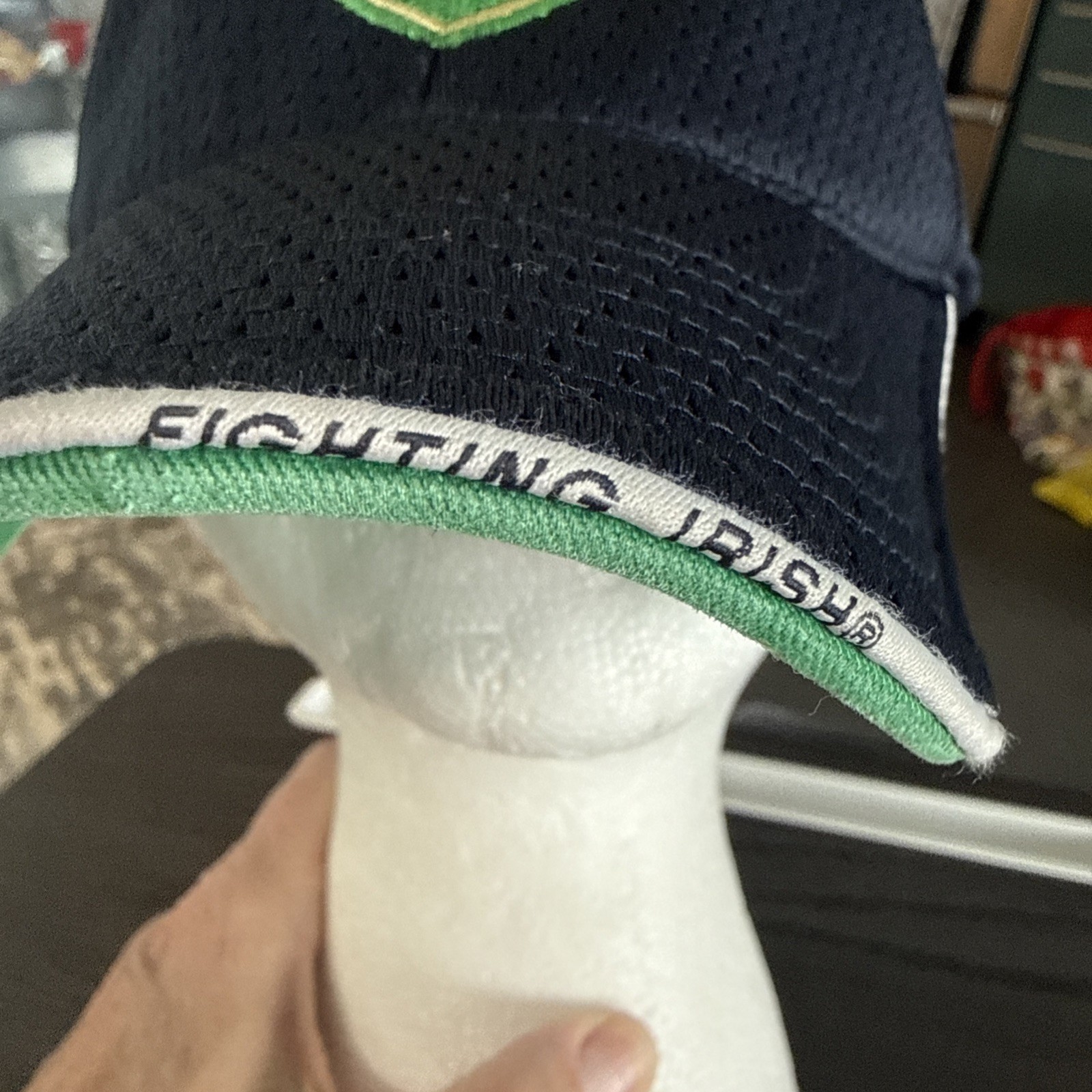 Notre Dame ND Gold Letters on Green Shield on Navy Adidas Hat Cap Hook Loop