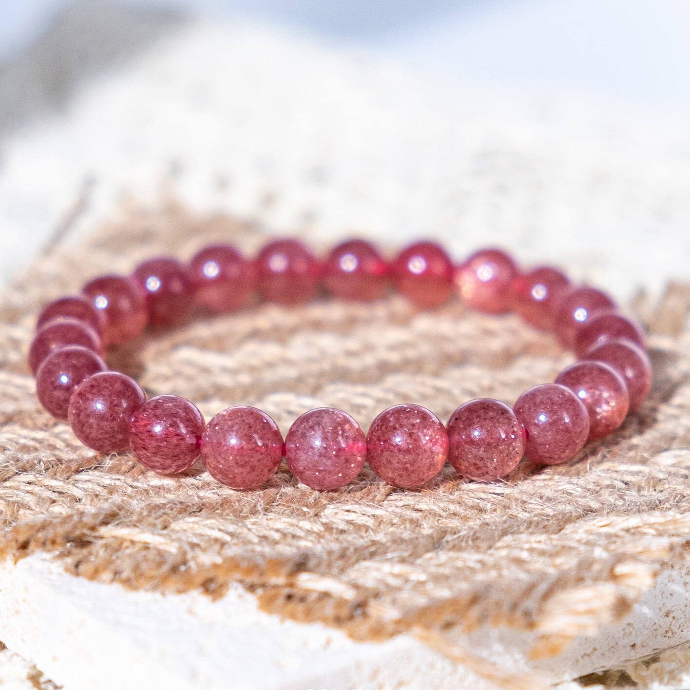 Natural Strawberry Quartz Stone Bracelet Red Crystal Stretch Bracelet Handmade