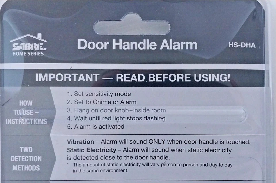 Sabre Door Handle Alarm Security With 2 Detection / 3 Operating Modes New 2 Qty