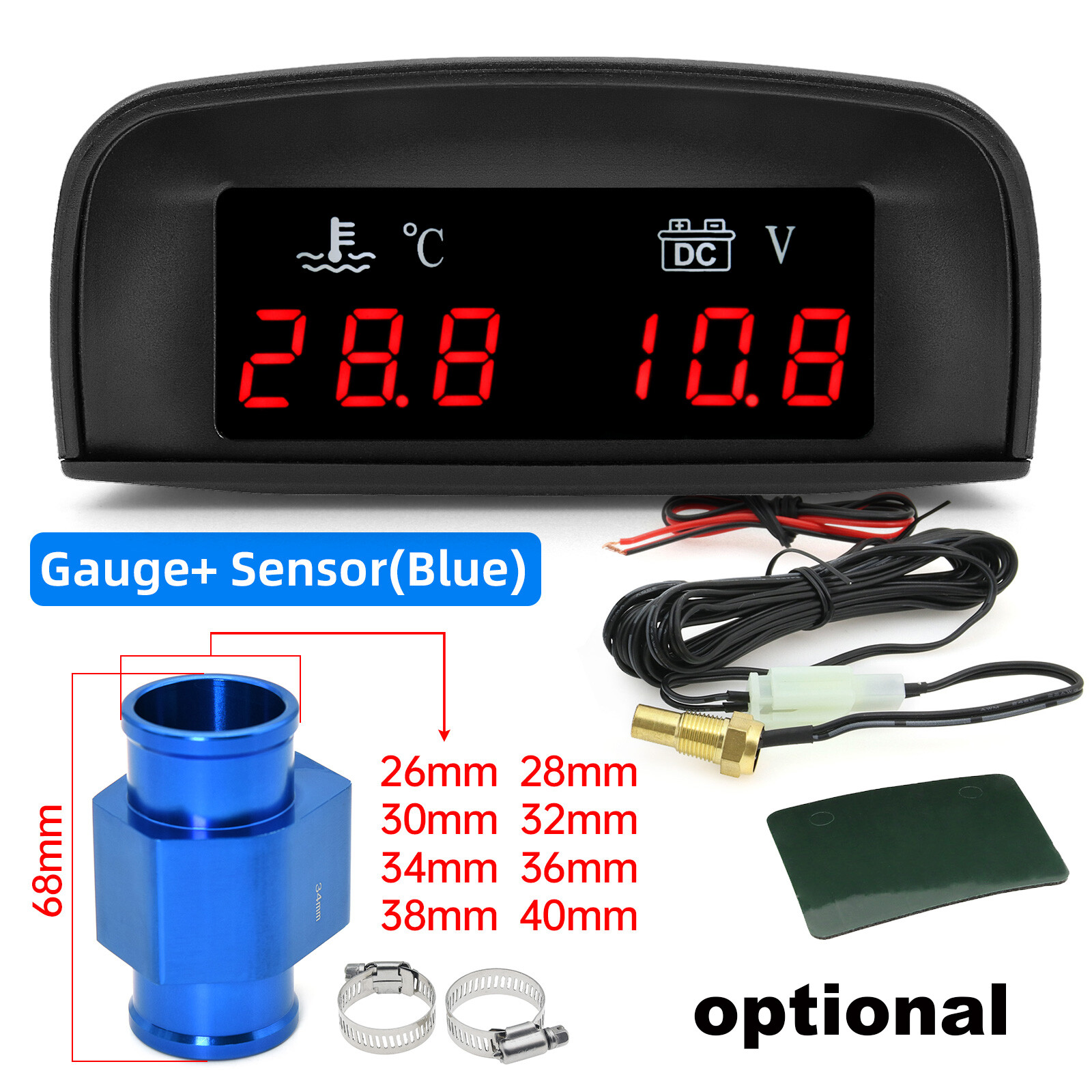 2In 1 Car Truck LCD Digital Water Temp + Voltmeter Gauge +10MM coolant sensor