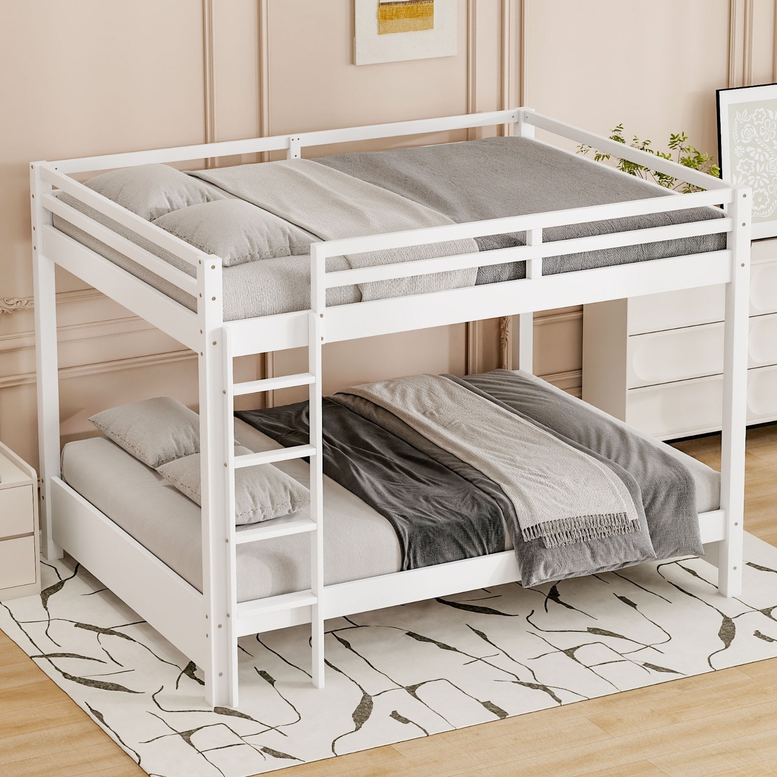 Wood Queen Size Bunk Bed with Ladder White Space-Saving Easy Assembly Bedroom