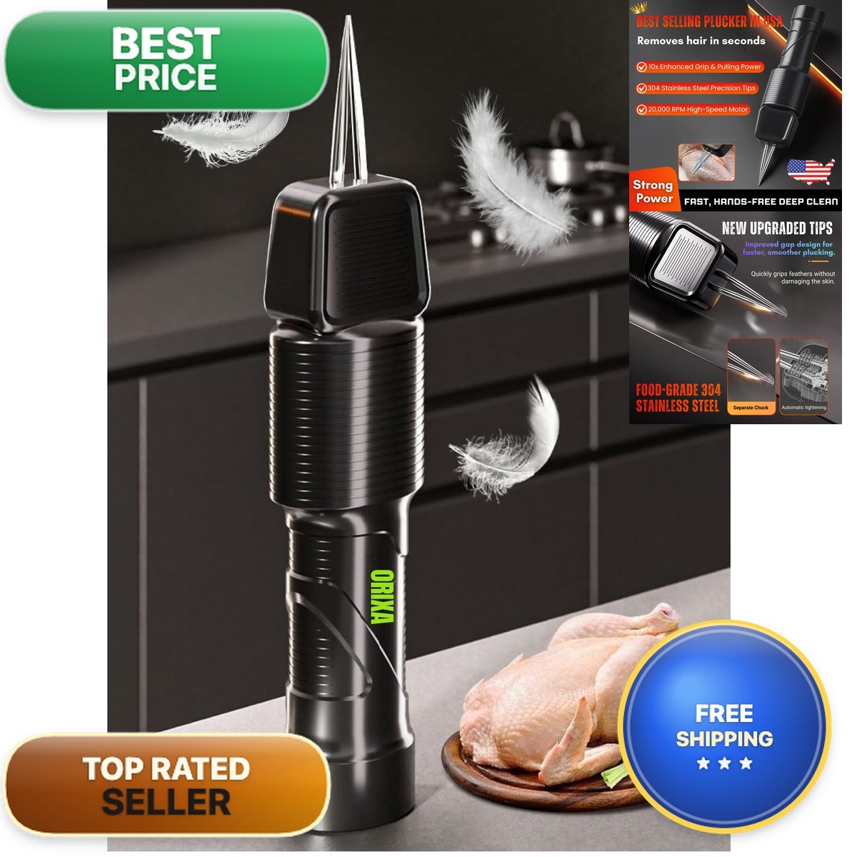 ORIXA Heavy-Duty Electric Chicken Plucker, High-Power Cordless Poultry Feather