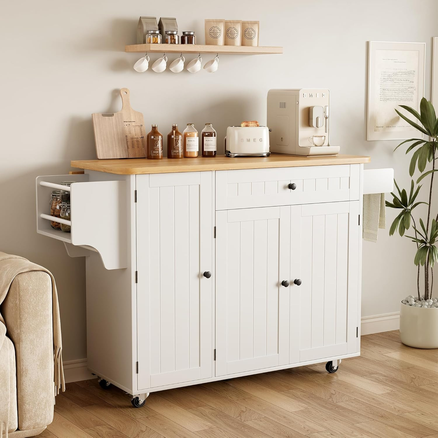 Kitchen Island with Storage, 41.7" Rolling Cart with Drop Leaf, Portable Island