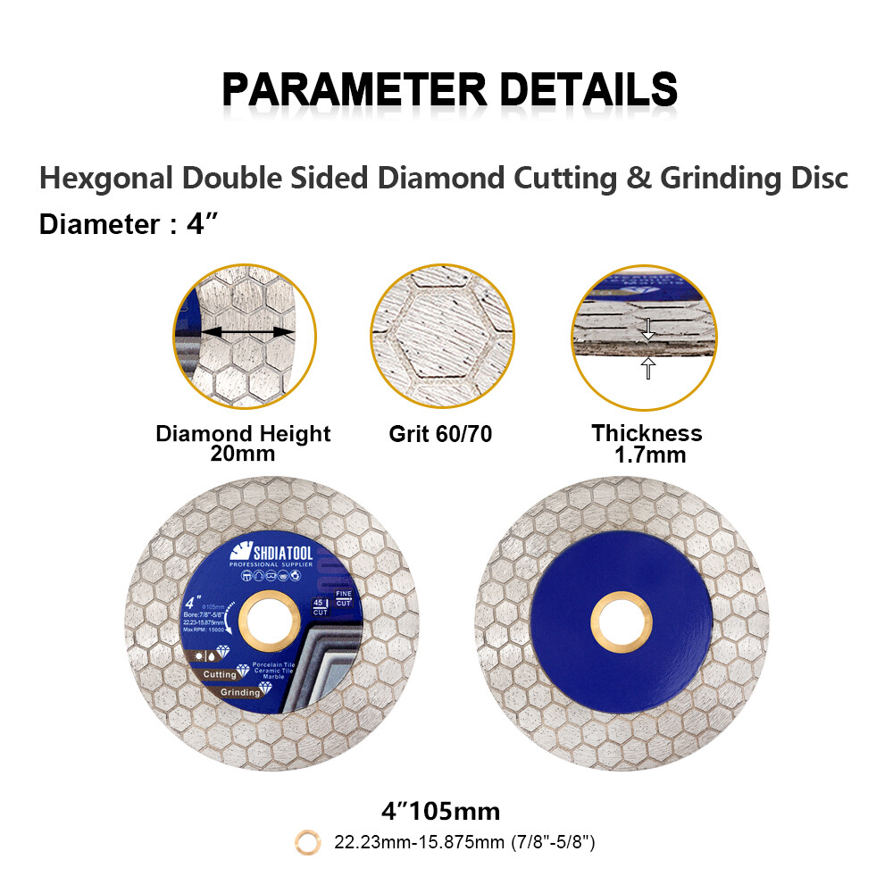 SHDIATOOL 5pcs 4"/105mm Diamond Cutting Disc Hexgon Double Sided Grinding Wheel