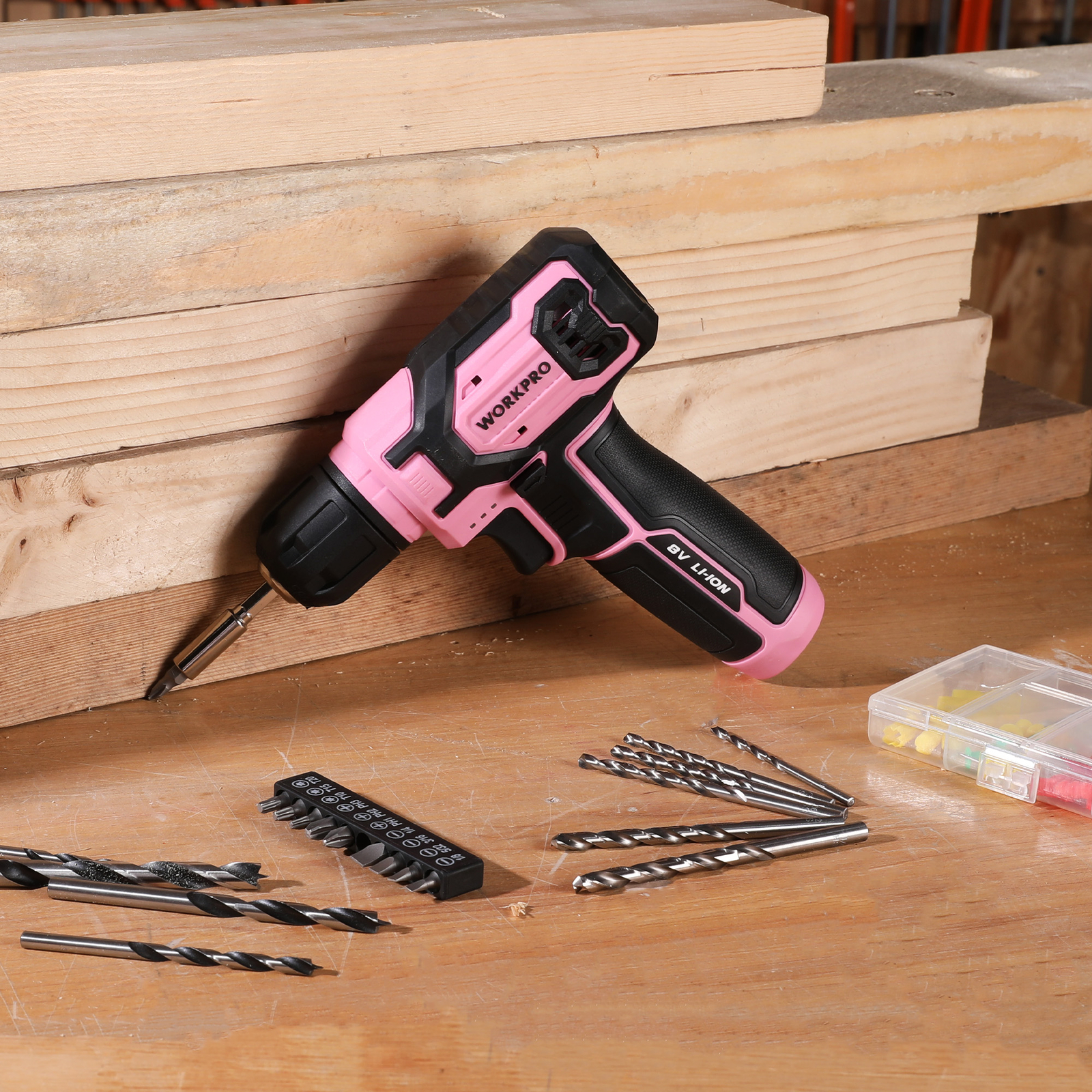WORKPRO Pink Power Drill 8V Cordless Drill Kit with 53pcs Bit Set 2.0Ah Battery