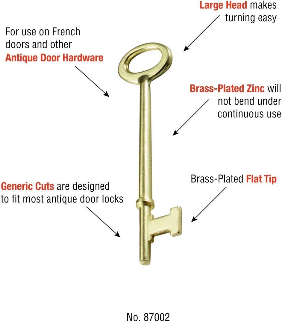 Durable Brass-Plated Zinc Skeleton Keys - Antique Flat Tip Design, 2 Pack
