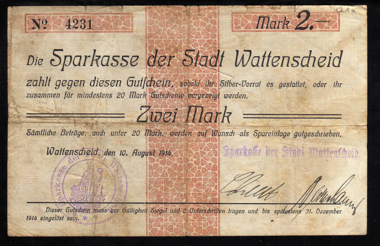 WATTENSCHEID -  GERMANY NOTGELD -   2 MARK