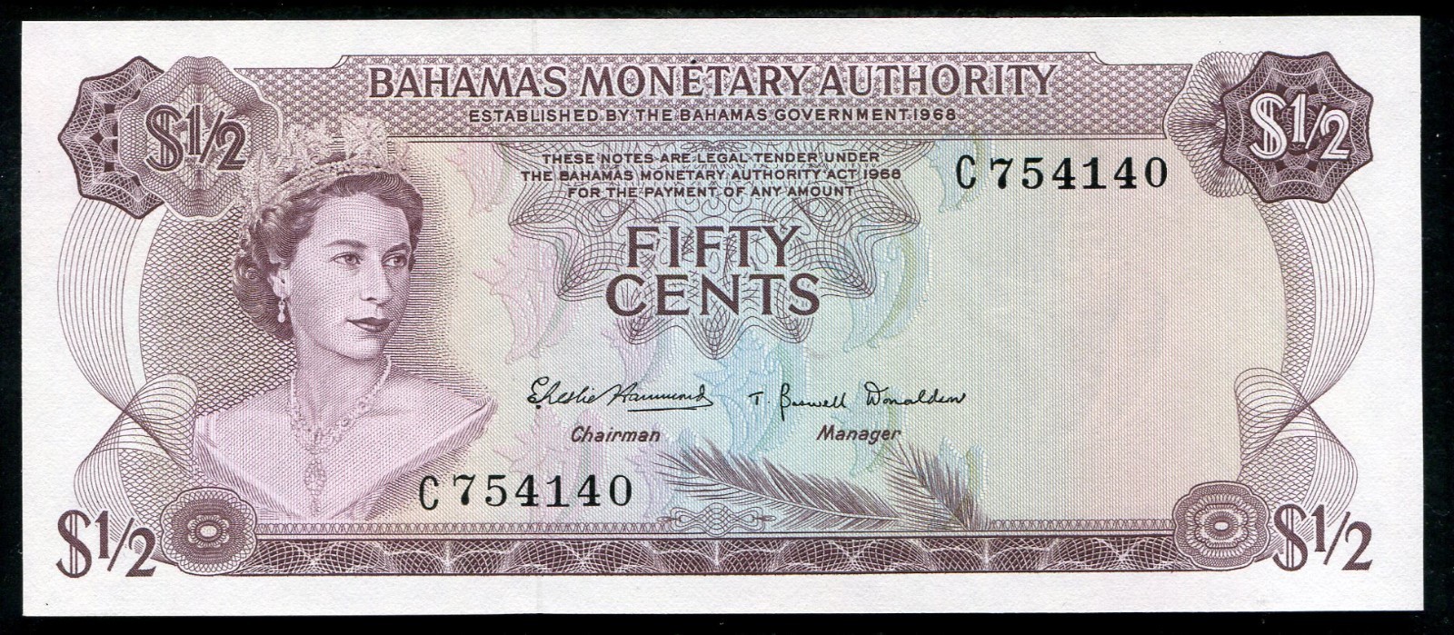 PICK# 26a 1968 $1/2 DOLLAR BAHAMAS MONETARY AUTHORITY BANKNOTE GEM UNC