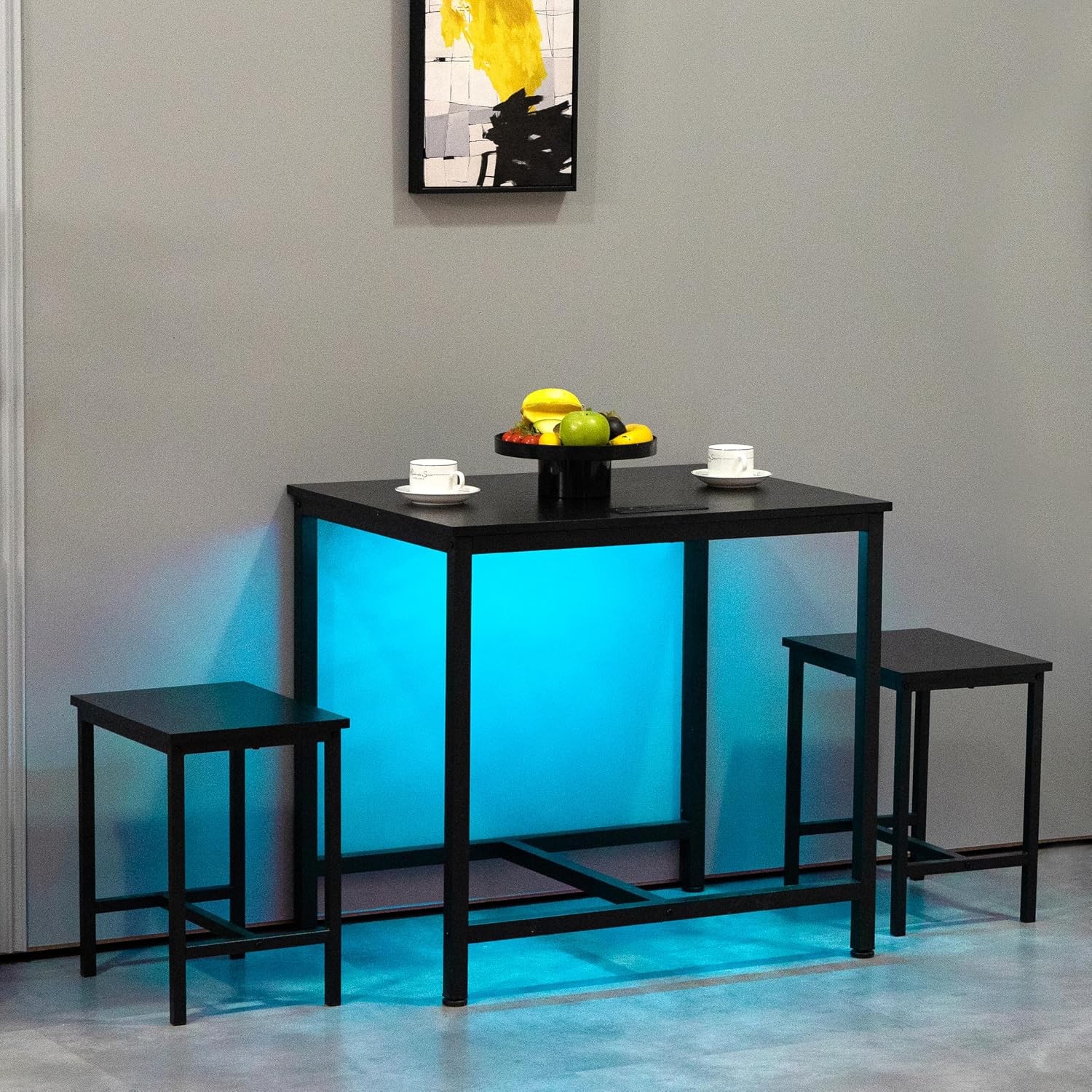 3-Piece Dining Table Set Small Kitchen Table W/ 2 Chairs LED Light & USB Type-C