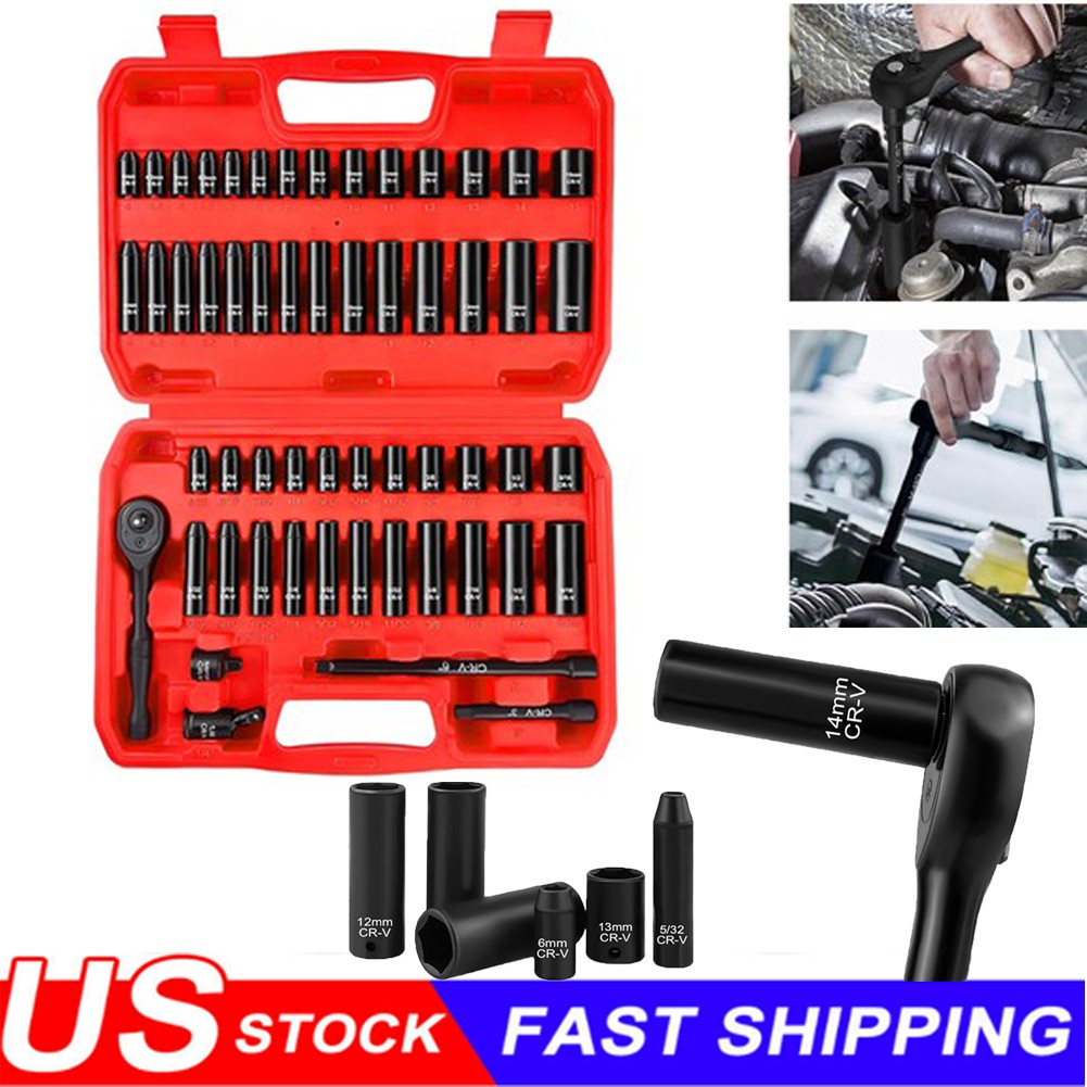 55pcs 1/4" Drive Impact Socket Set, SAE & Metric Deep Shallow Sockets Wrench Kit