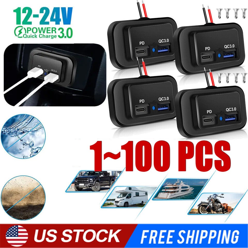 12-24V 4.8ADual USB PDQC3.0 Car Boat RV Fast Charger Socket LED Power Outlet lot