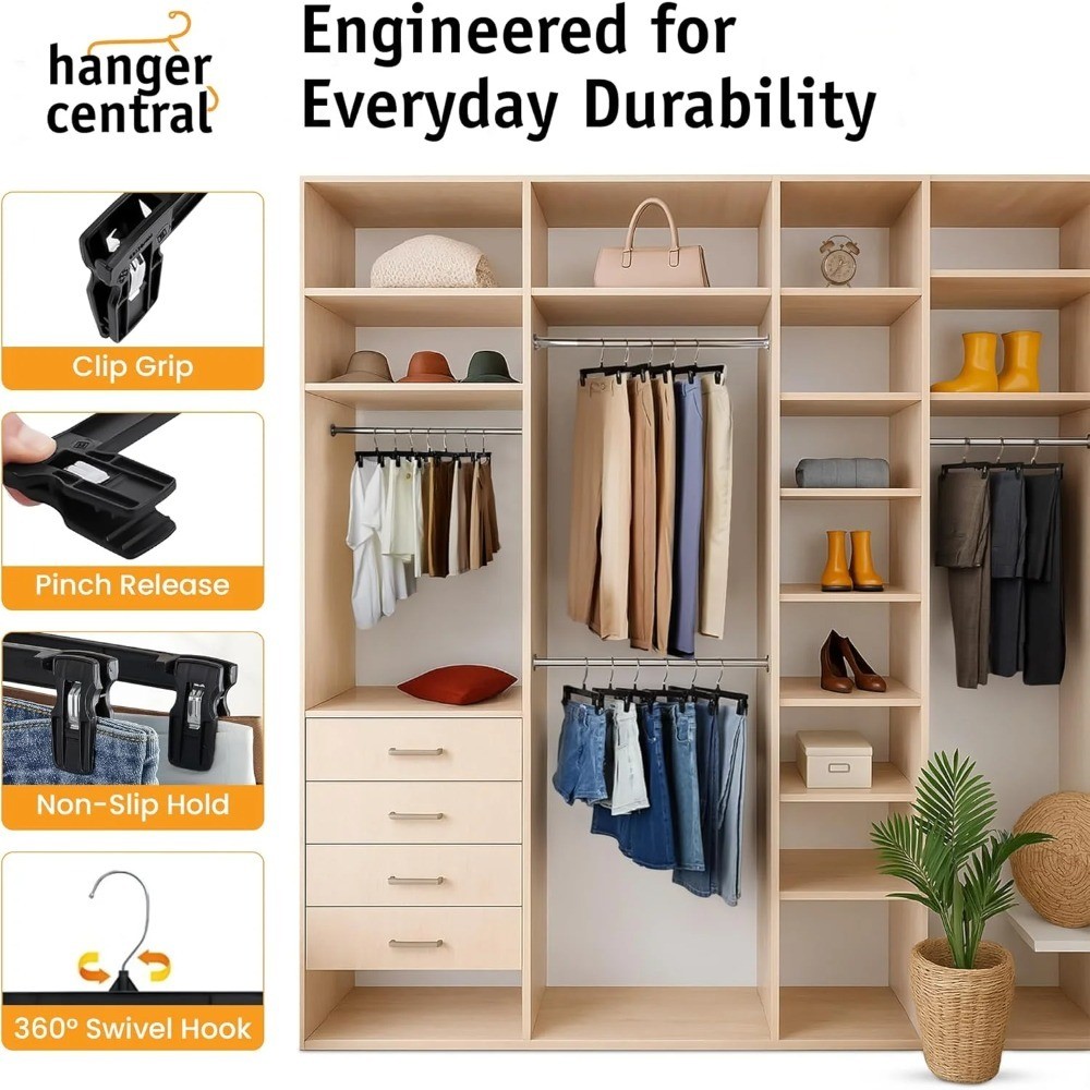 Plastic Pants Hangers with Clips Black 10 Pack Non-Slip Clothes Hangers
