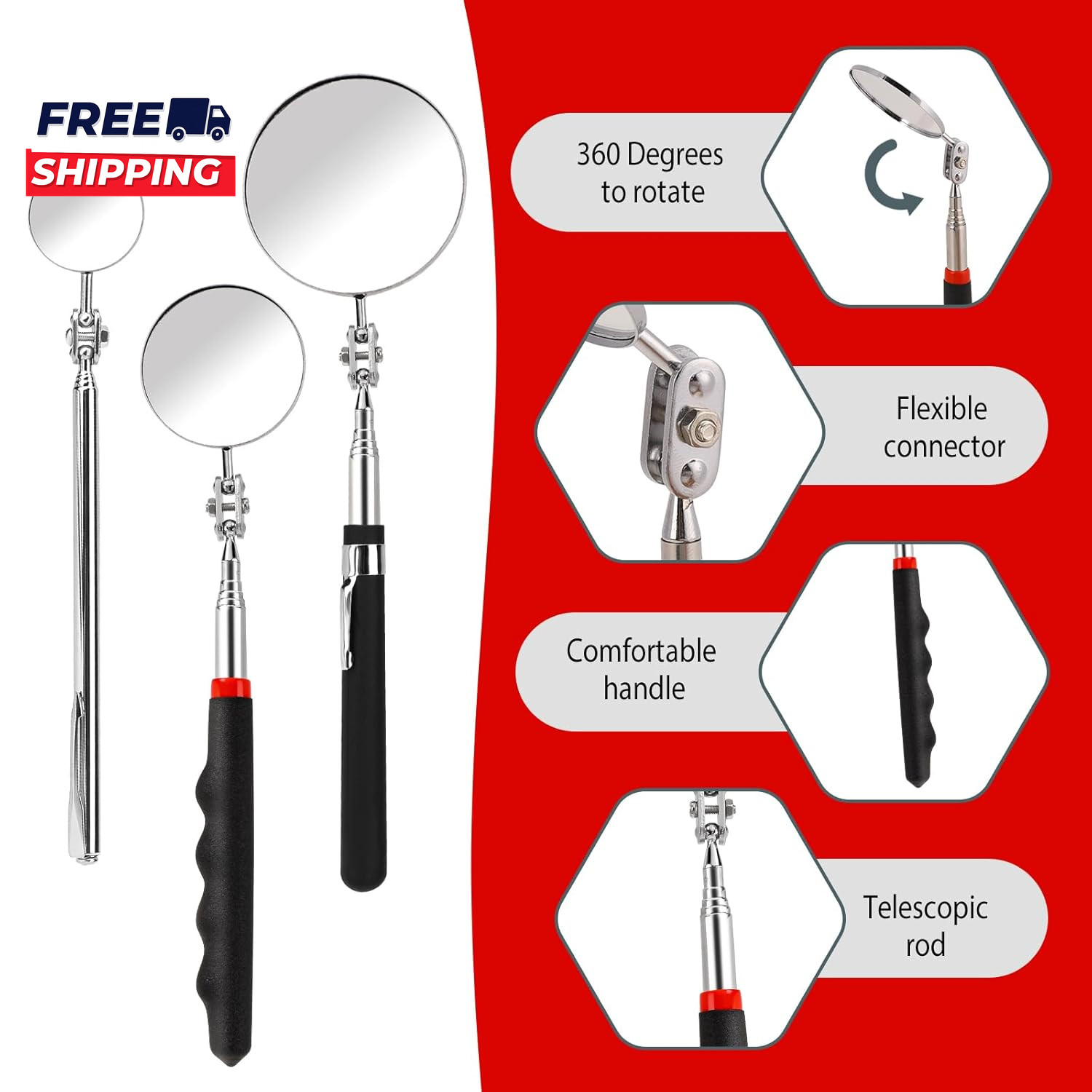 3 Pack Telescoping Inspection Mirror Extendable Mechanic Mirror round Mirror
