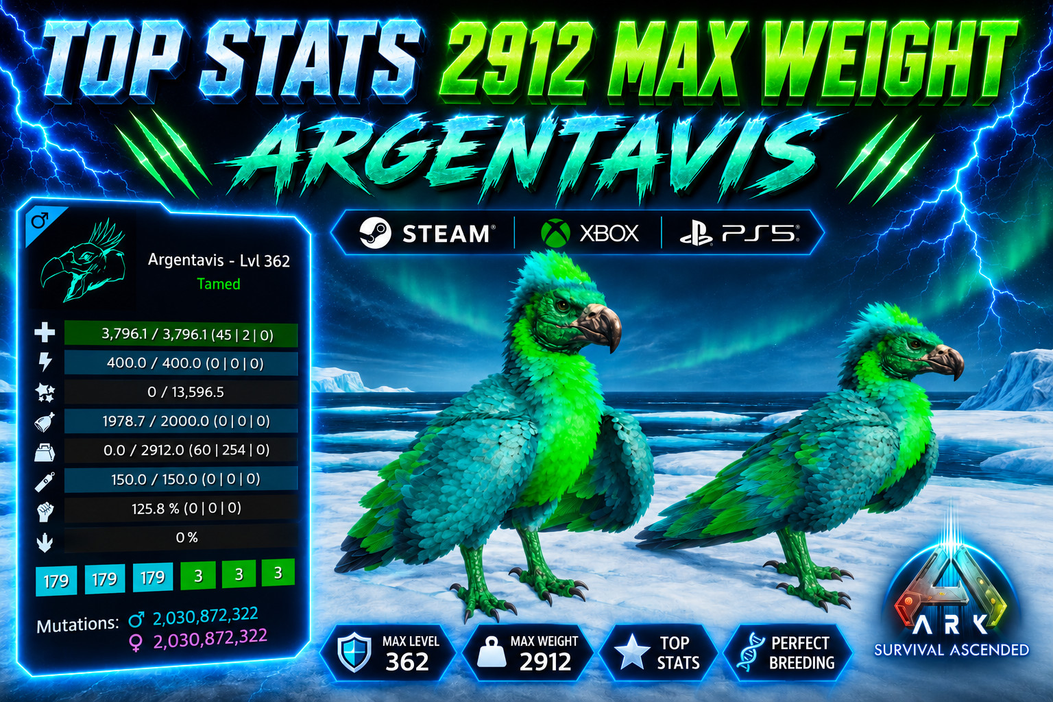 🔥​ARK Survival Ascended PvE Argentavis Top Stats Max 2912 Weight