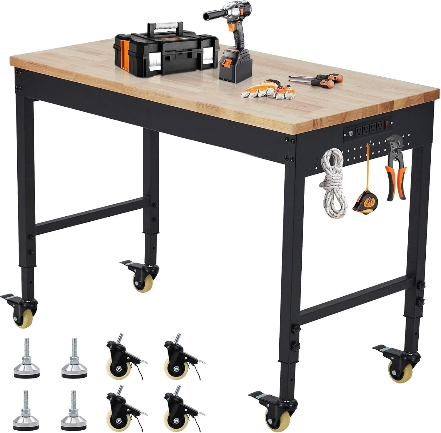 Heavy Duty 72x25" Workbench w/ Power Outlets, Wheels, Rubber Wood Top