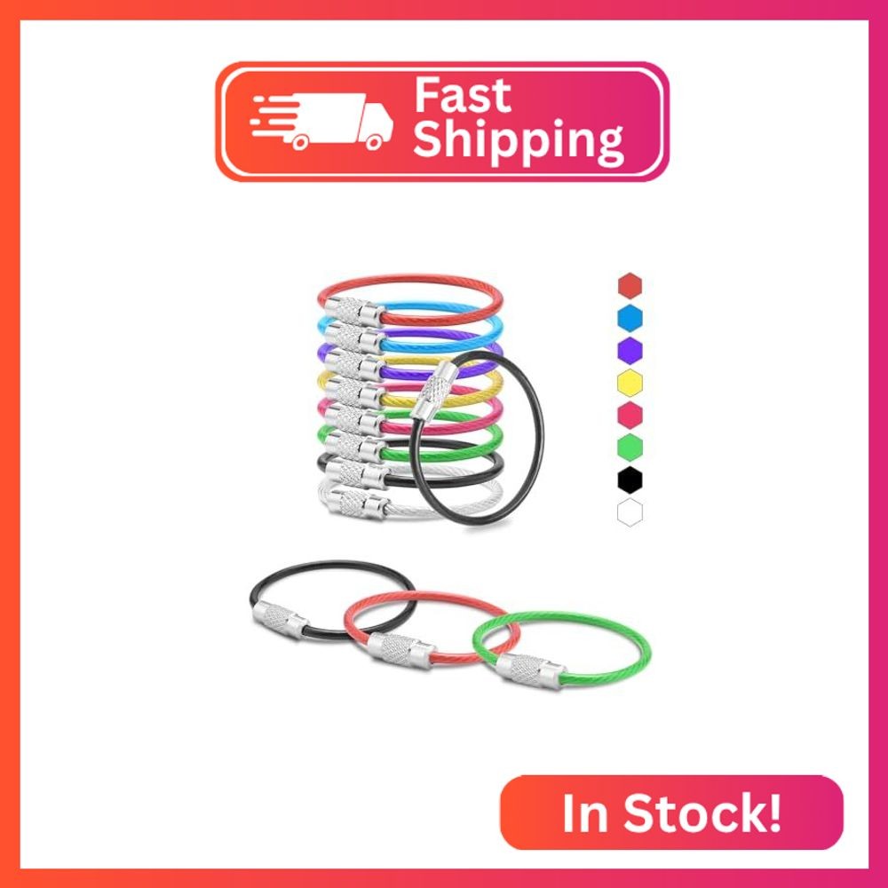 CooBigo 16 Pack Cable Key Ring 4 Inch Luggage Tag Loops Wire Key Chain Cable 2mm