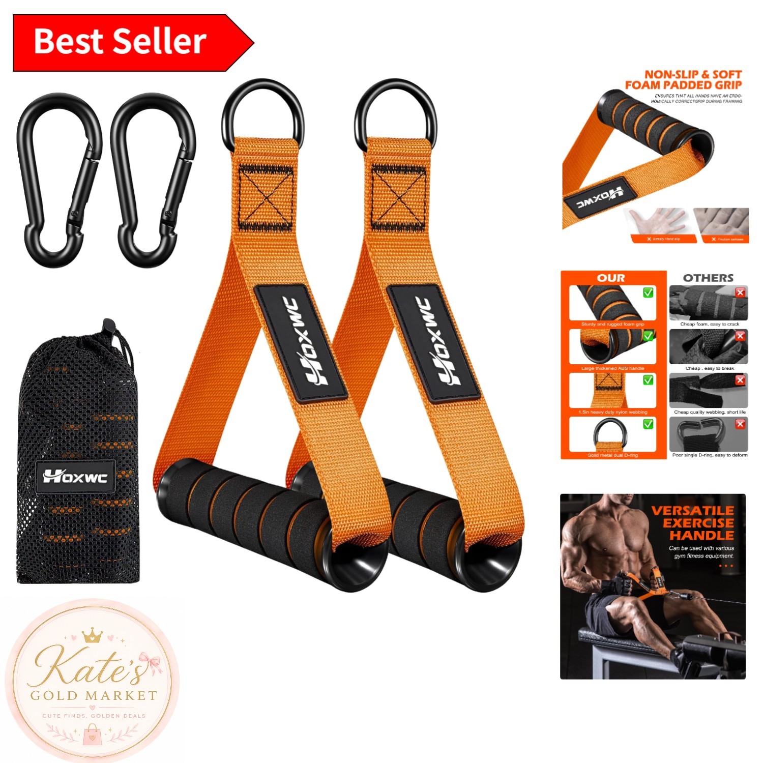Ergonomic 5.5'' Non-Slip Gym Cable Handles - Universal Pulley System Attachments
