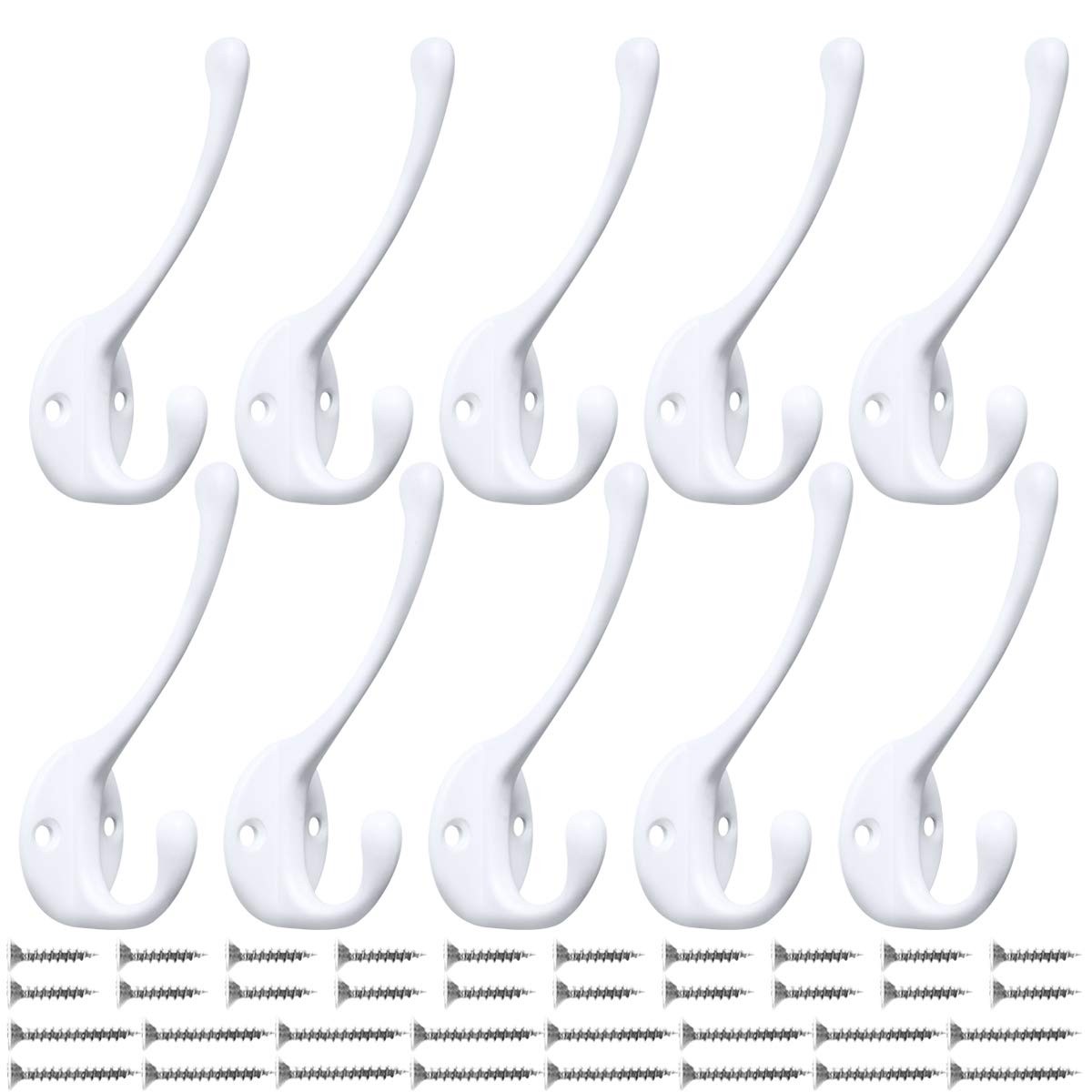 10 Pack Heavy Duty Dual Coat Hooks Wall Mounted with 20 Screws Retro White