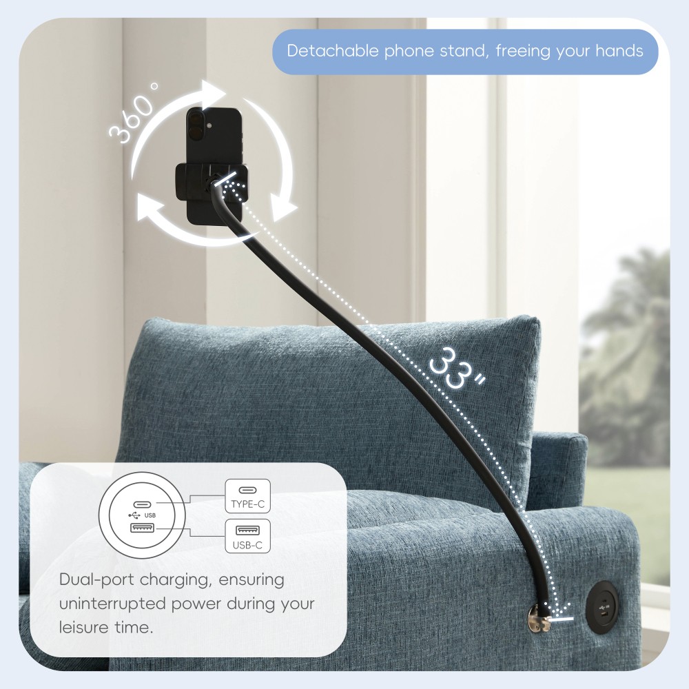 37" Cloud Chaise Sofa w/ Storage Ottoman, Charger & Phone Holder, Blue