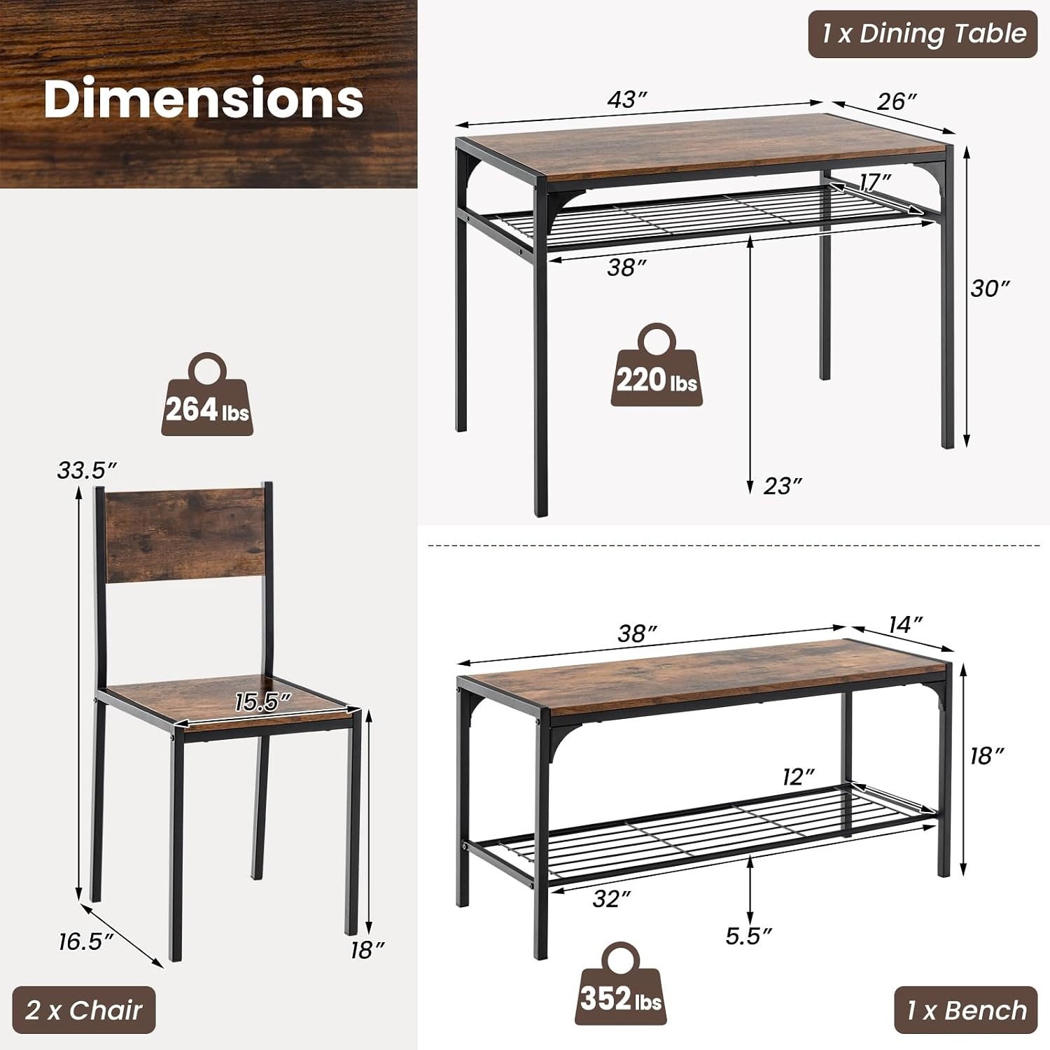 Dining Table Set for 4, Kitchen Table with Chairs & Bench, Storage Racks, Metal