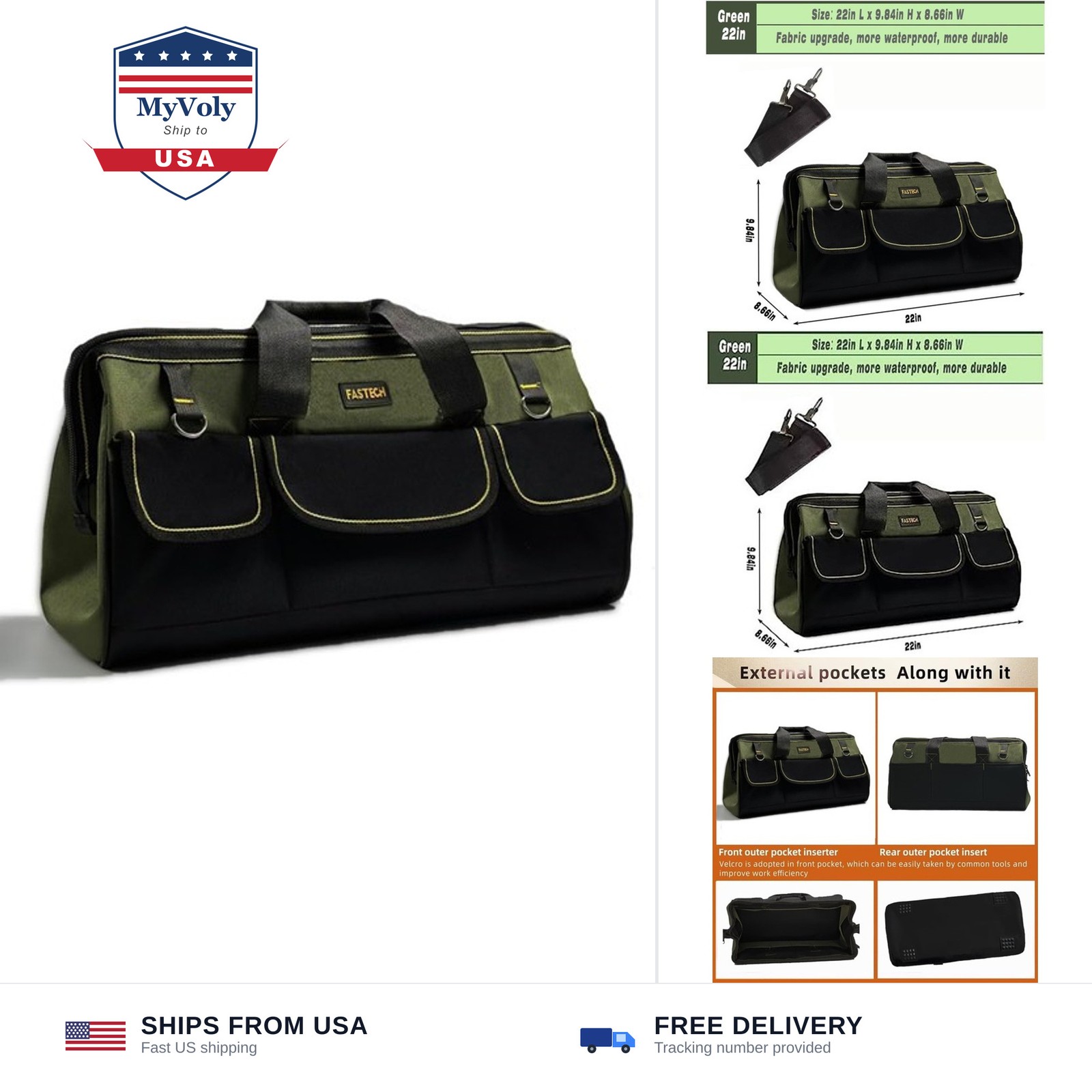 FASTECH 22-inch Wide Mouth Tool Bag with Water Proof Molded Base, Wide Mouth ...