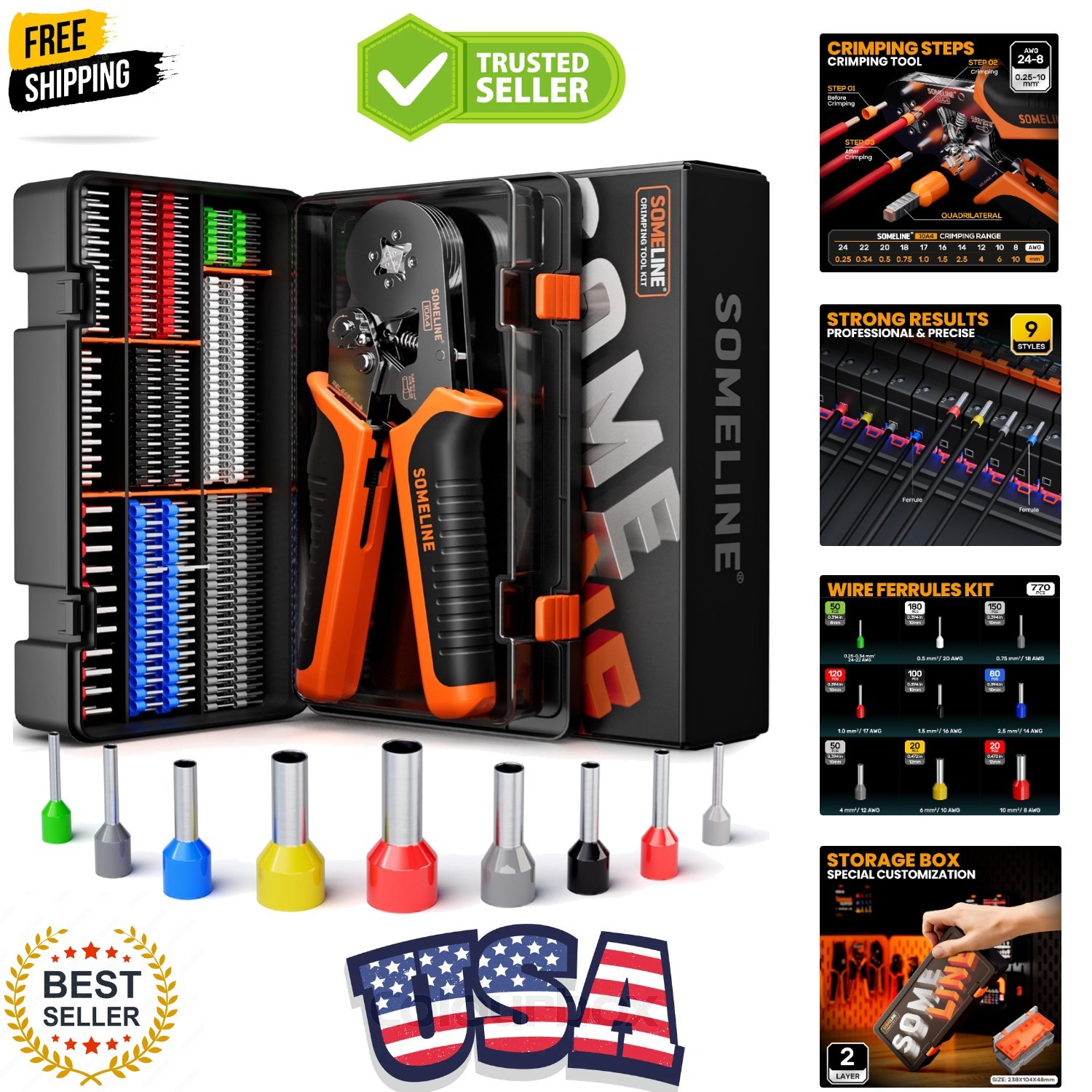 Ferrule Crimping Tool Kit,Self-Adjusting Pliers for wire ferrules AWG 24-8, W...
