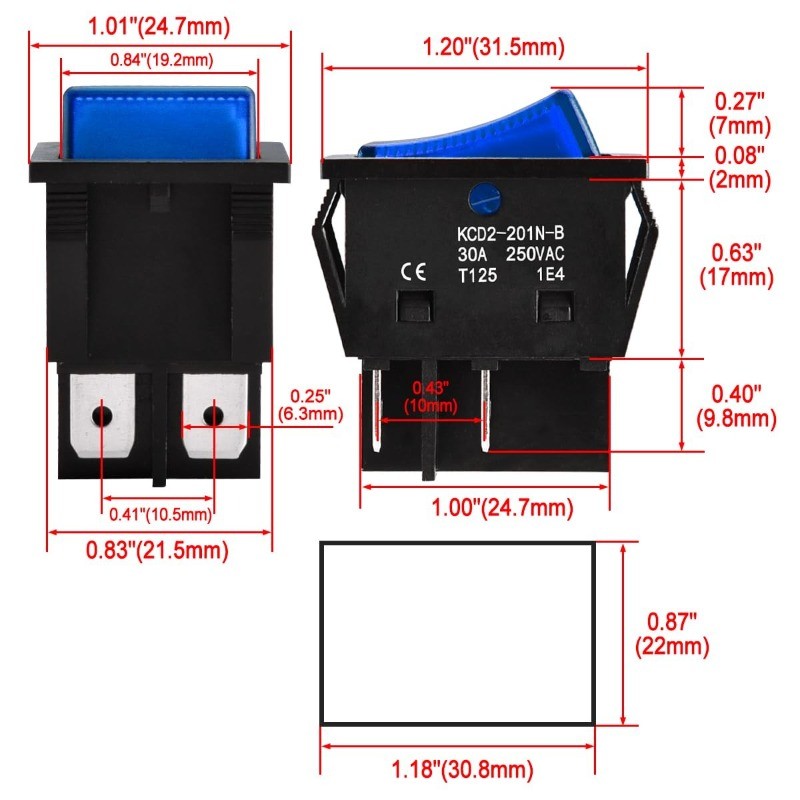 High Current Rocker Switch 30A 250VAC ON OFF 2 Position DPST 4 Terminals Blue