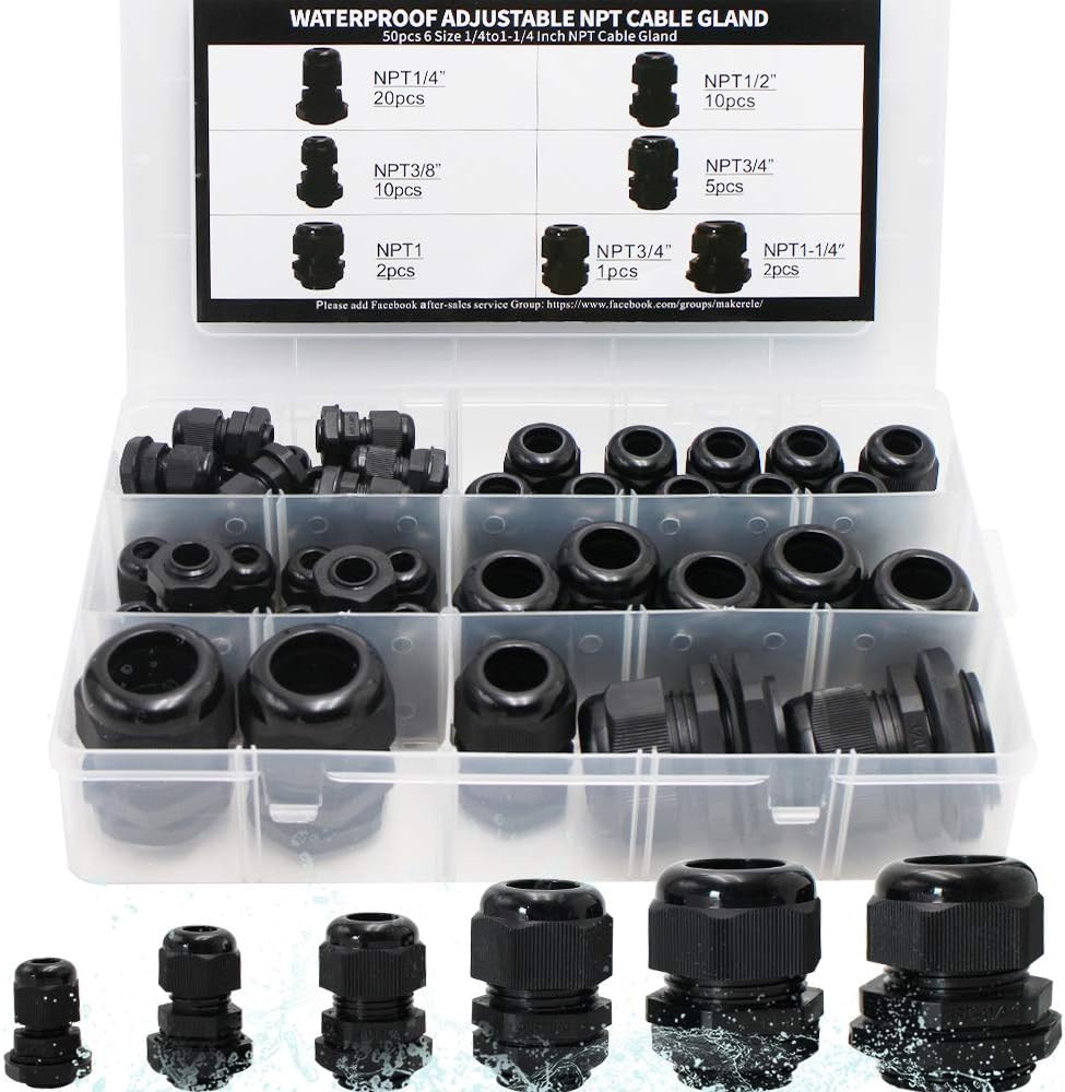 MAKERELE Cord Grip Cable Glands Kit for Electrical Box NPT Waterproof Nylon Stra