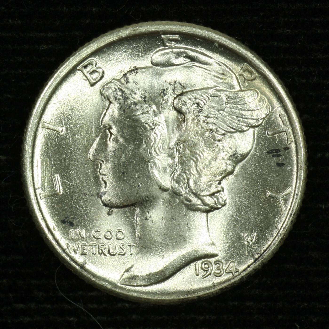 Mercury Silver Dime. 1934 P. Choice Brilliant Uncirculated. Lot # 9049-90-028