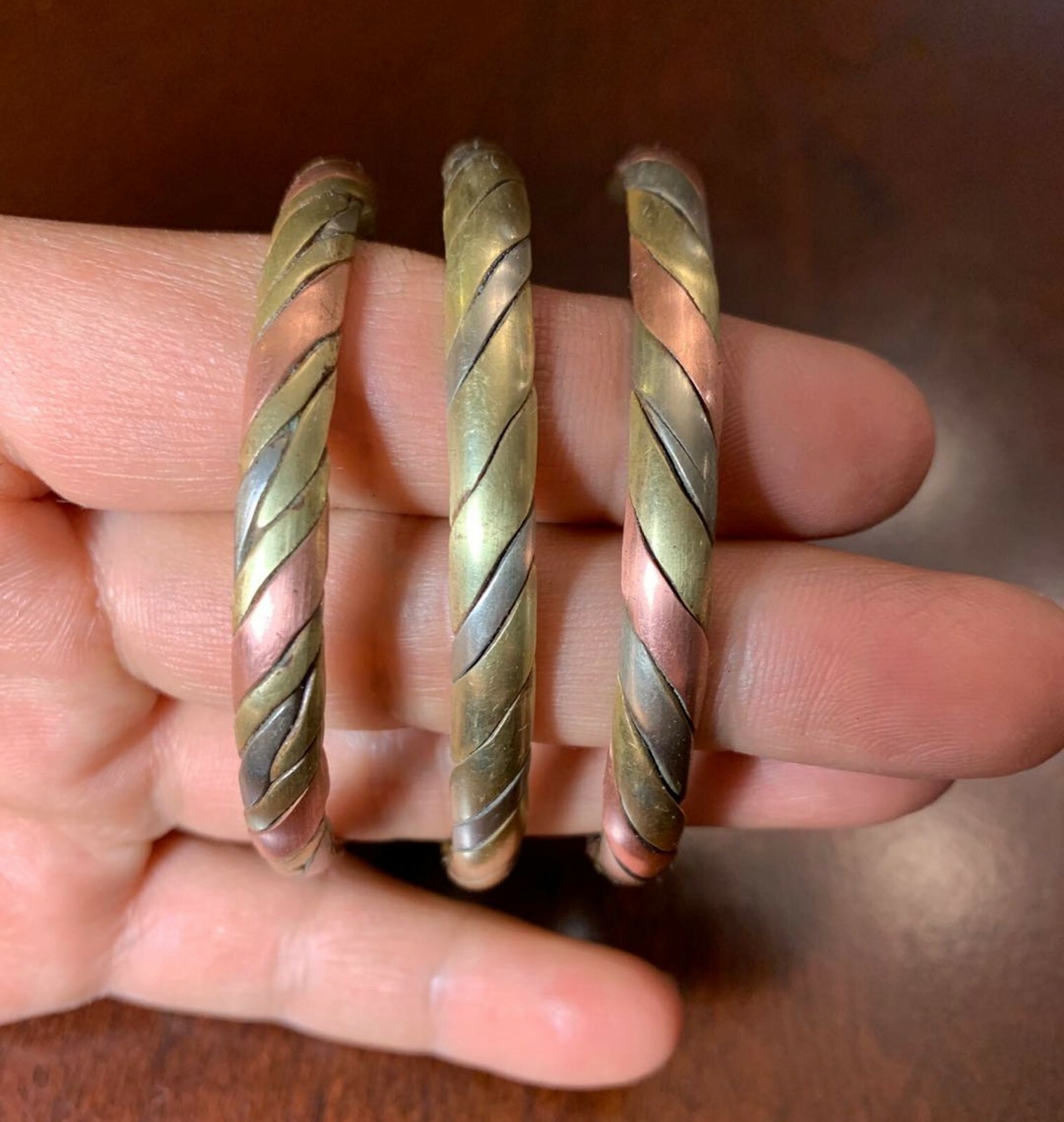 Set of 3 Nepali BRACELETS Tri-Metal Twist Braided Cuff Bangle Brass Copper NEW