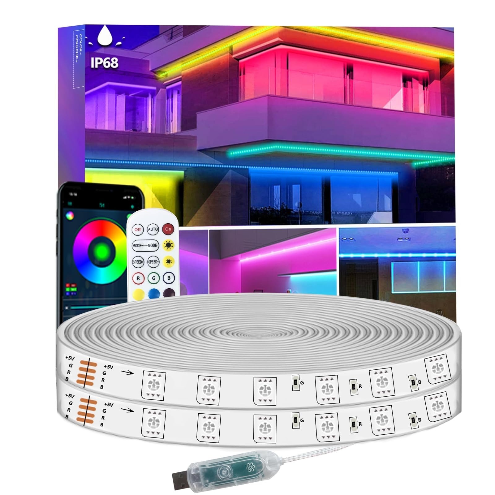 50FT LED Strip Lights Waterproof Music Sync Bluetooth Remote Control