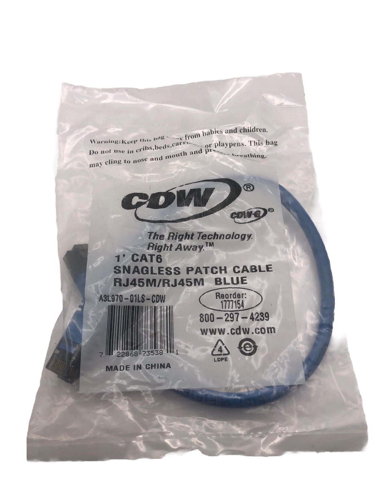 CDW 1” Cat6 Snagless Patch Cable RJ45M/RJ45M Blue