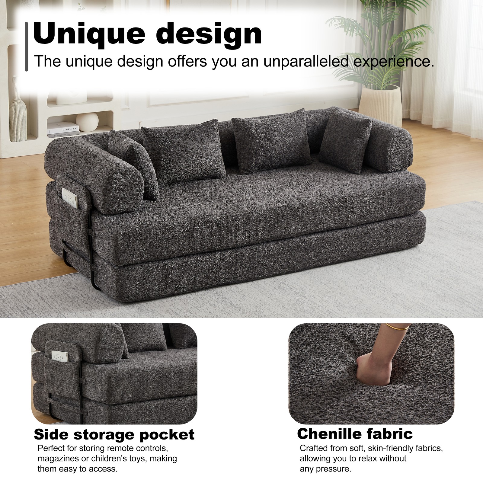 78.7" Convertible Sleeper Sofa Bed w/Cylindrical Pillow, Folding Sofa Bed Grey