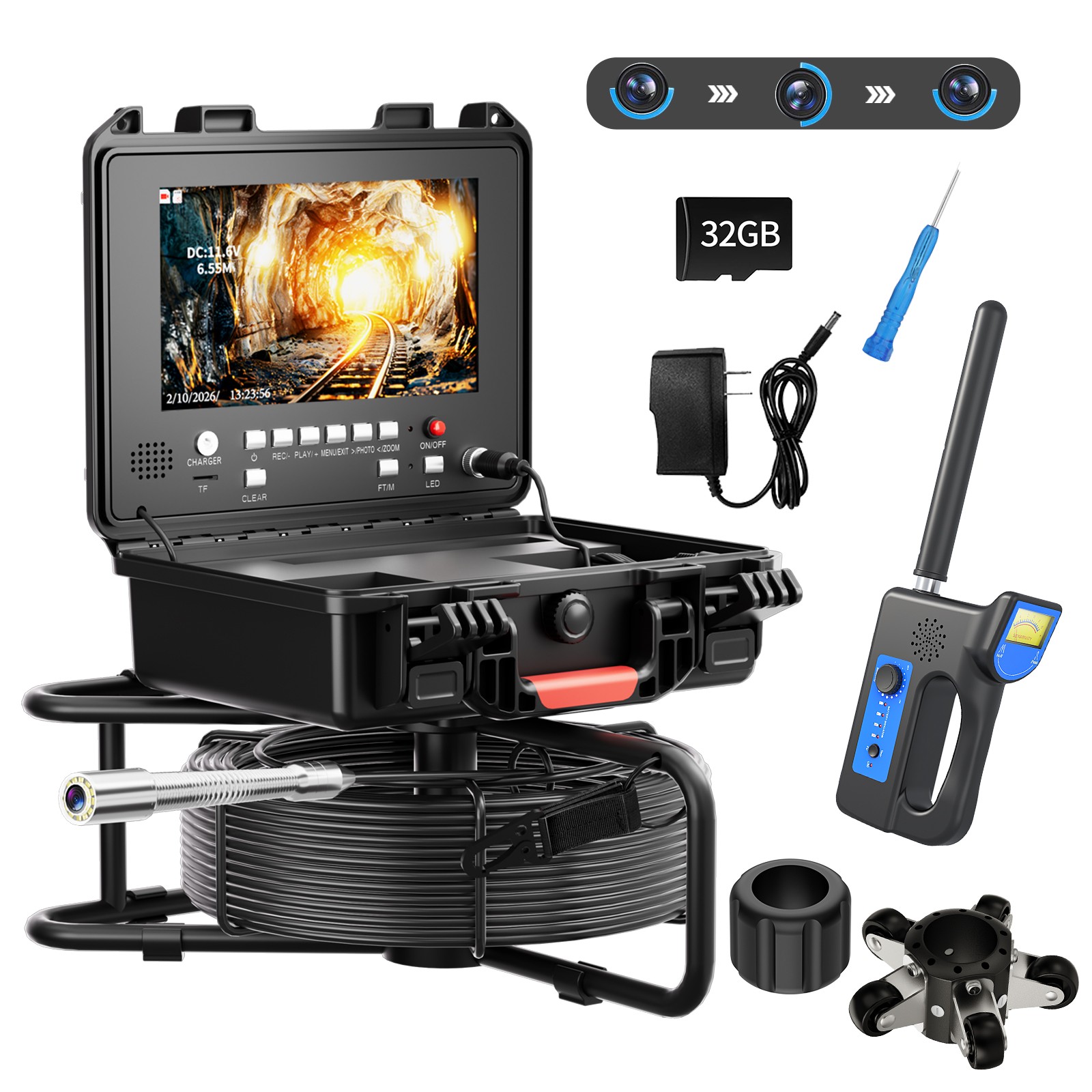 100m Sewer Drain Pipe Inspection Camera 512HZ Locator 9" Monitor Self-Leveling