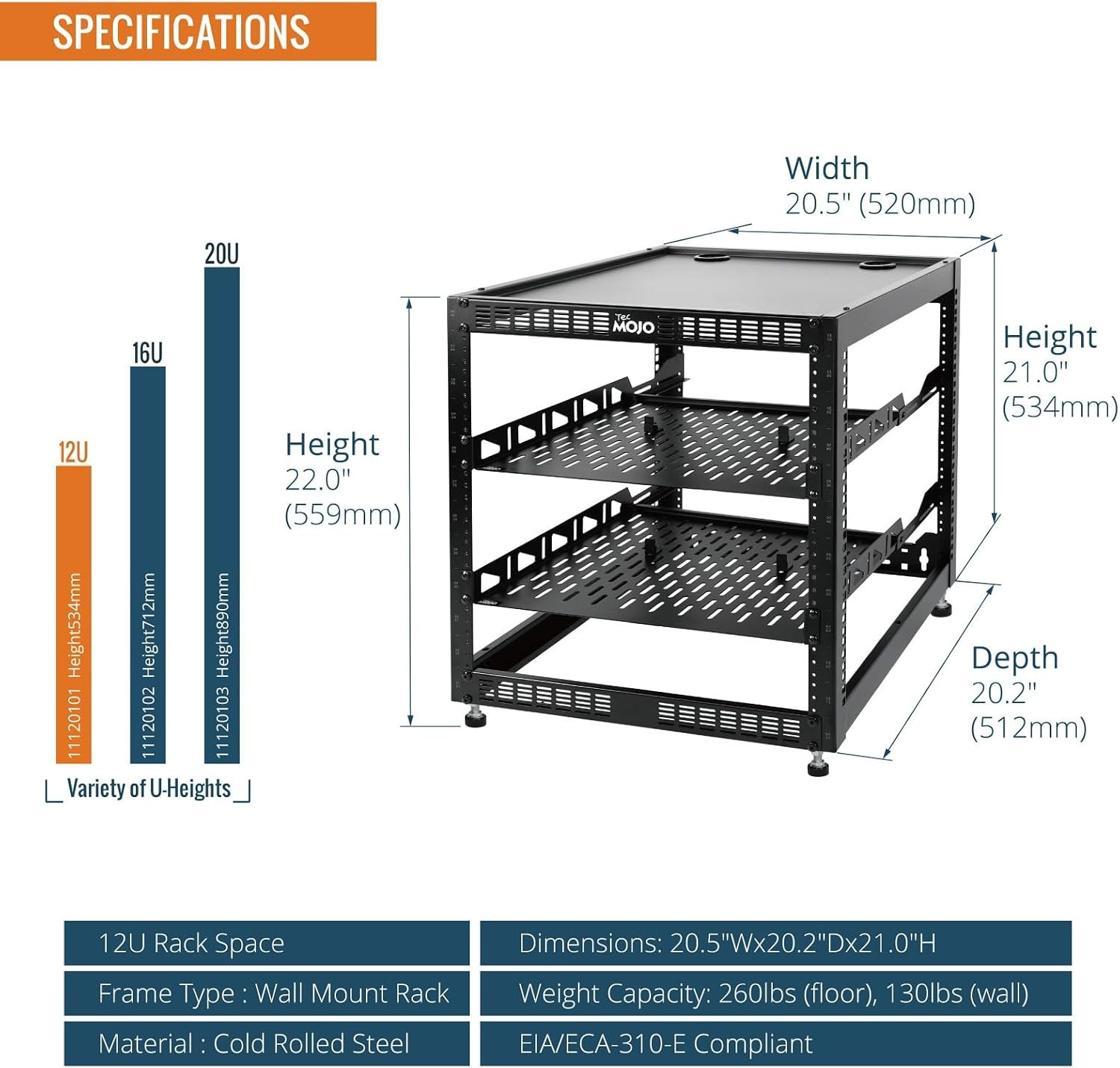 12U Open Frame Network Rack for IT & AV Gear, AV Rack Floor Standing or Wall Mou