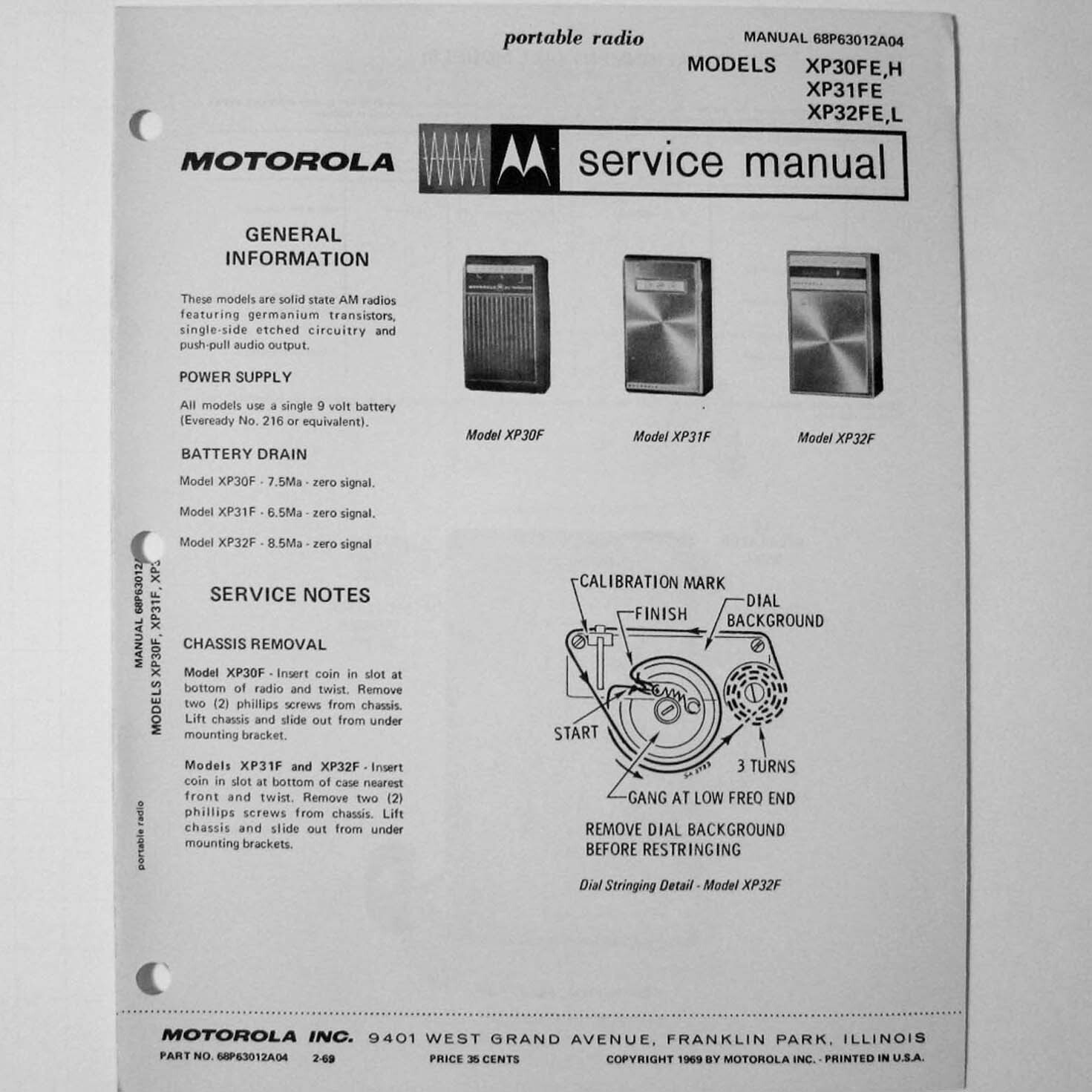 Motorola ® Models XP30FE XP31FE XP32FE L Transistor Radio Service Manual © 1969