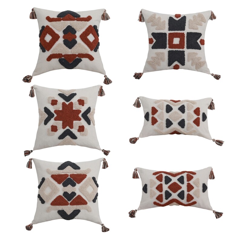 Boho Geometric Tufted Pillow for Case Multicolor Tassel Rustic Woven Cushion Cov