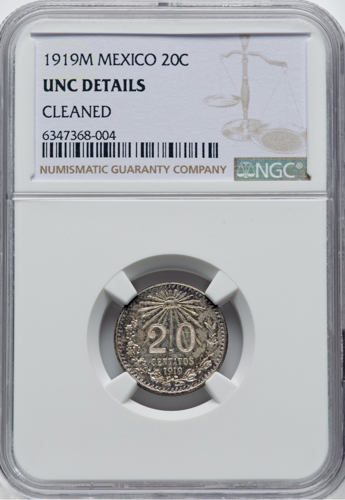 MEXICO ESTADOS UNIDOS 1919  20 CENTAVOS COIN NGC CERTIFIED UNCIRCULATED DETAILS