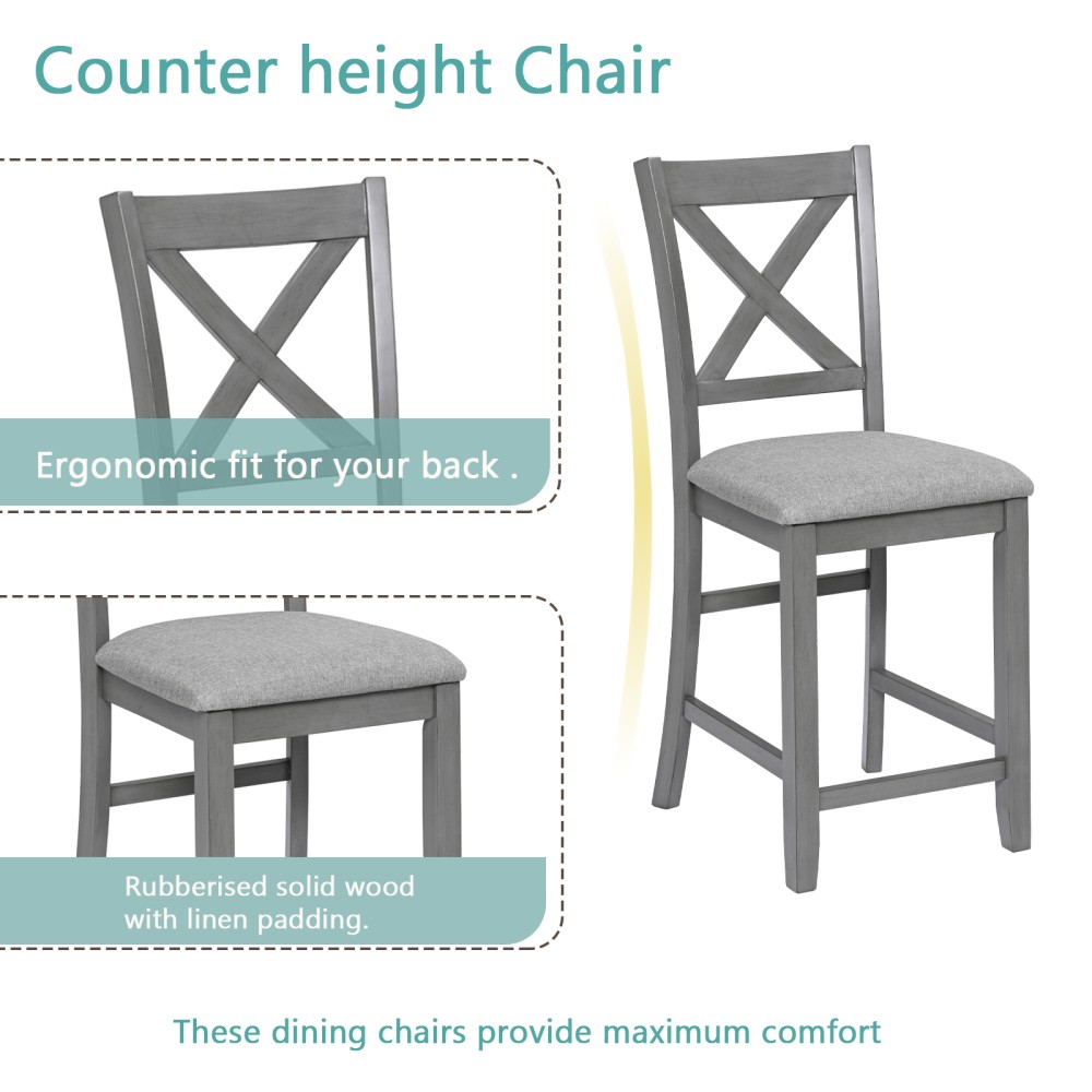 5-Piece Gray Dining Set ,Wooden Square Table + 4 Upholstered Chairs