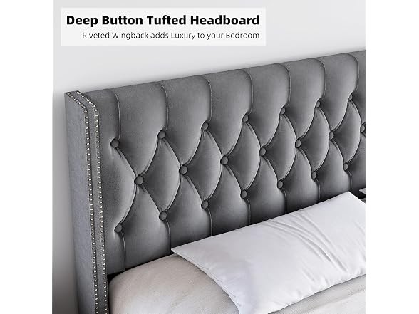GAOMON King Bed Frame, Tufted Wingback, Gray Grey Modern