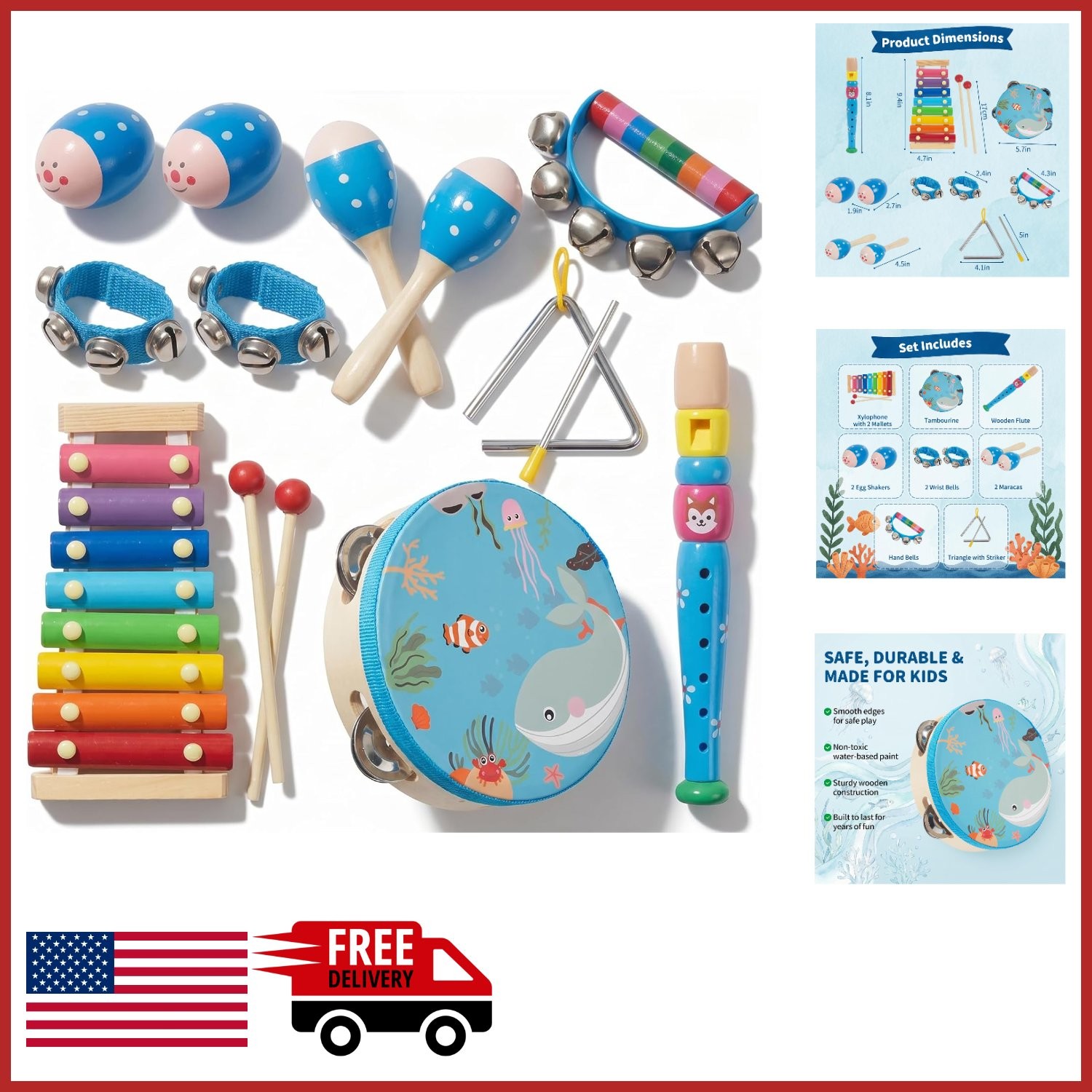 Montessori Musical Instruments Set for Toddlers 1-3 with 8 Instruments