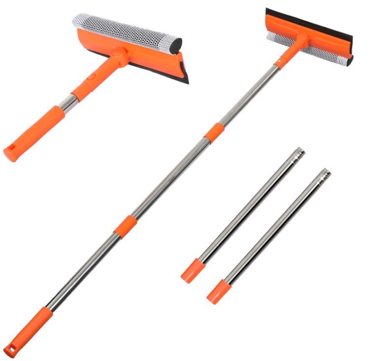 Limpiacristales 2 en 1 con mango largo de acero, esponja para vidrios y duchas