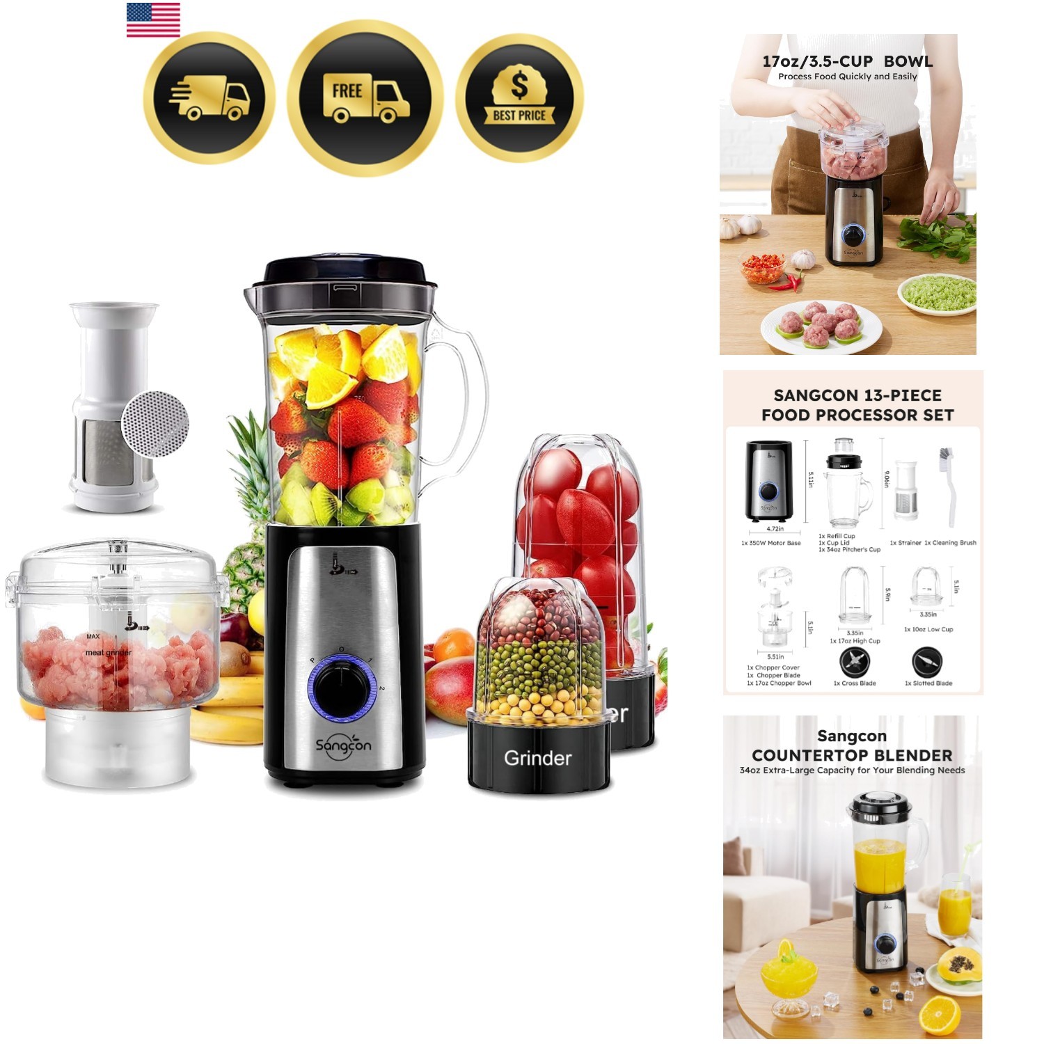 Multi Use Kitchen Blender Food Processor Combo for Smoothies and Chopping