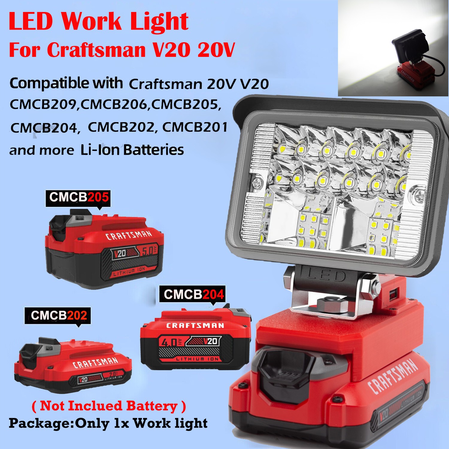 LED Work Light for Craftsman V20 Battery Portable Rechargeable LED Flashlight US